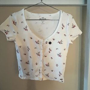 White Floral Button Ribbed Baby Tee from Hollister